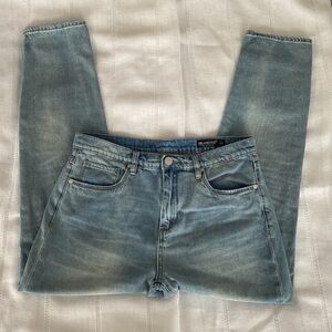 BlankNYC light wash, high rise tapered leg denim.